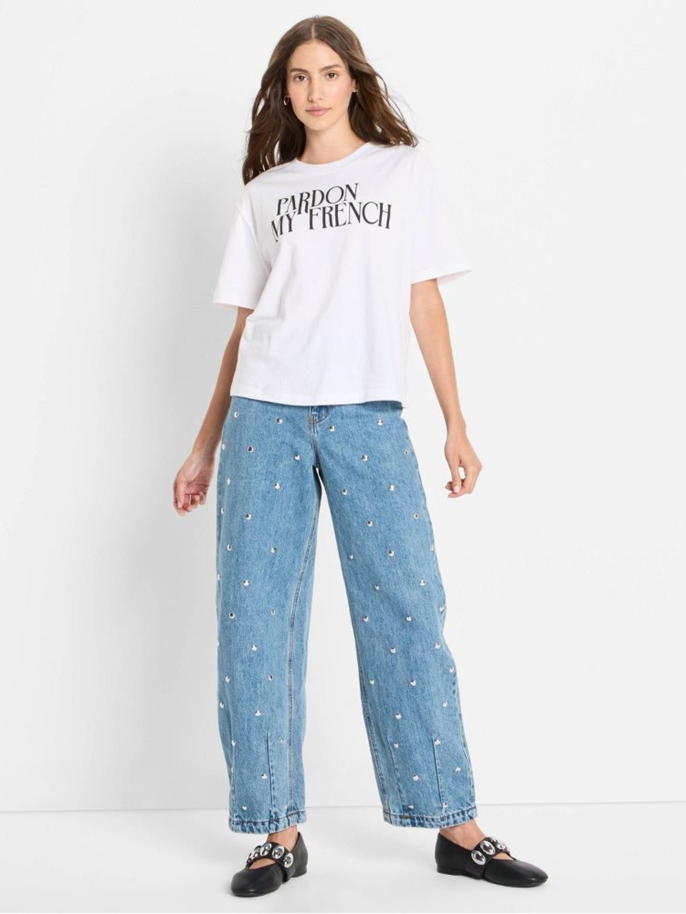 Women Mid-Rise Studded Barrel Leg Jeans - Future Collective